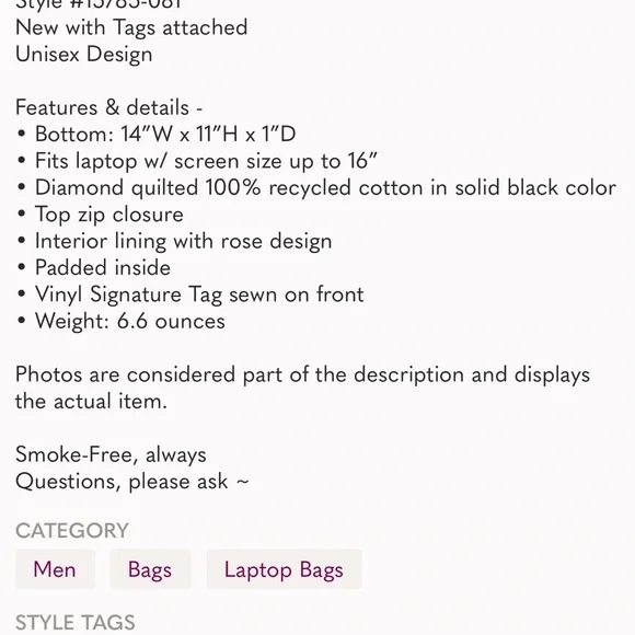 Vera Bradley Laptop Sleeve-Classic Black-Quilted, #15785-081 NWT - Picture 7 of 7